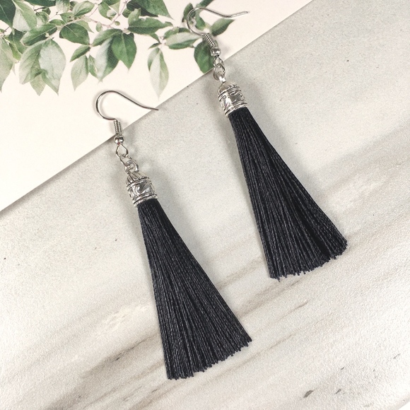 Black Tassel Drop Earrings - Picture 3 of 4